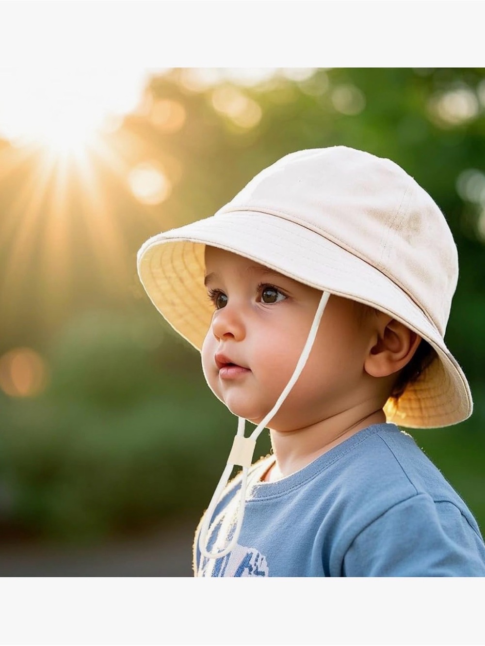 Light Blue Baby Boy Girl Bucket Sun Hat Chin Strap Cotton Linen Blend Sz 6-12 m - Picture 4 of 5